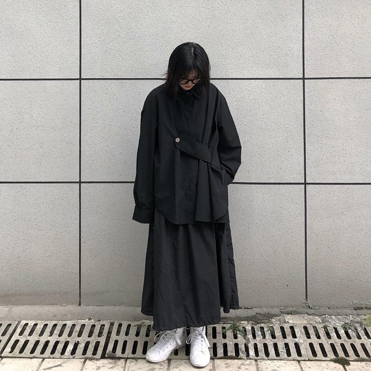 Women's Blouse Asymmetrical Japanese Style Top Streetwear Punk Cool Black Shirt Oversize Long Sleeve Button Up Alt Clothes