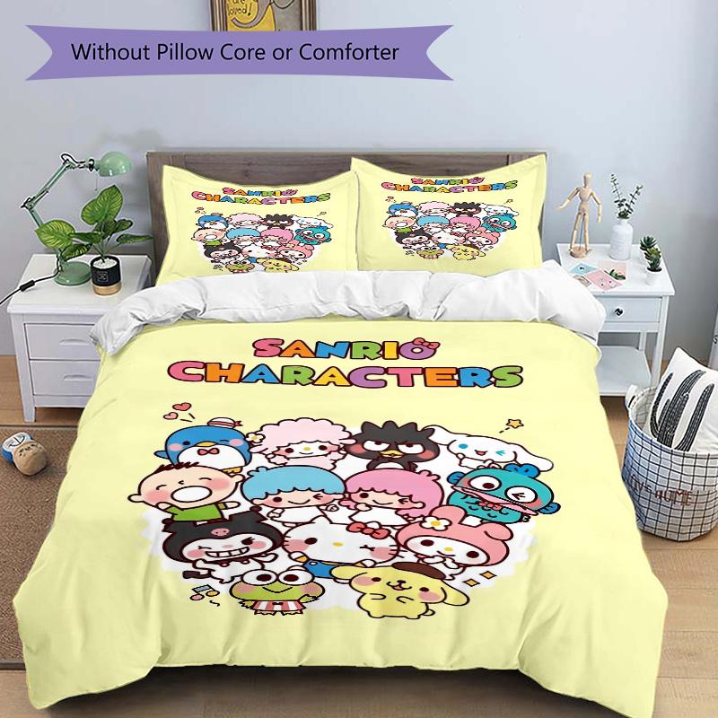 3 шт. Комплект постельного белья с рисунком «Сбор персонажей Sanrio», 1* Пододеяльник + 2* Наволочки, Комплект постельного белья с принтом, Мягкий и удобный.S085
