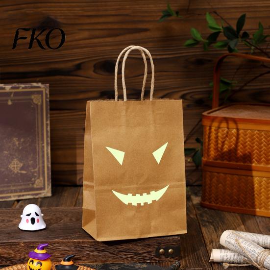 Pumpkin Ghost Pattern Goodie Bag Halloween Candy Bags with Luminous Prints, Thickened Sturdy Paper Favor Gift Bags, Trick or Treat Party Favors