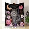 Moonlit Cat in Floral Garden Patterned blanket, flannel, suitable for all seasons, home decor, warm and cozy