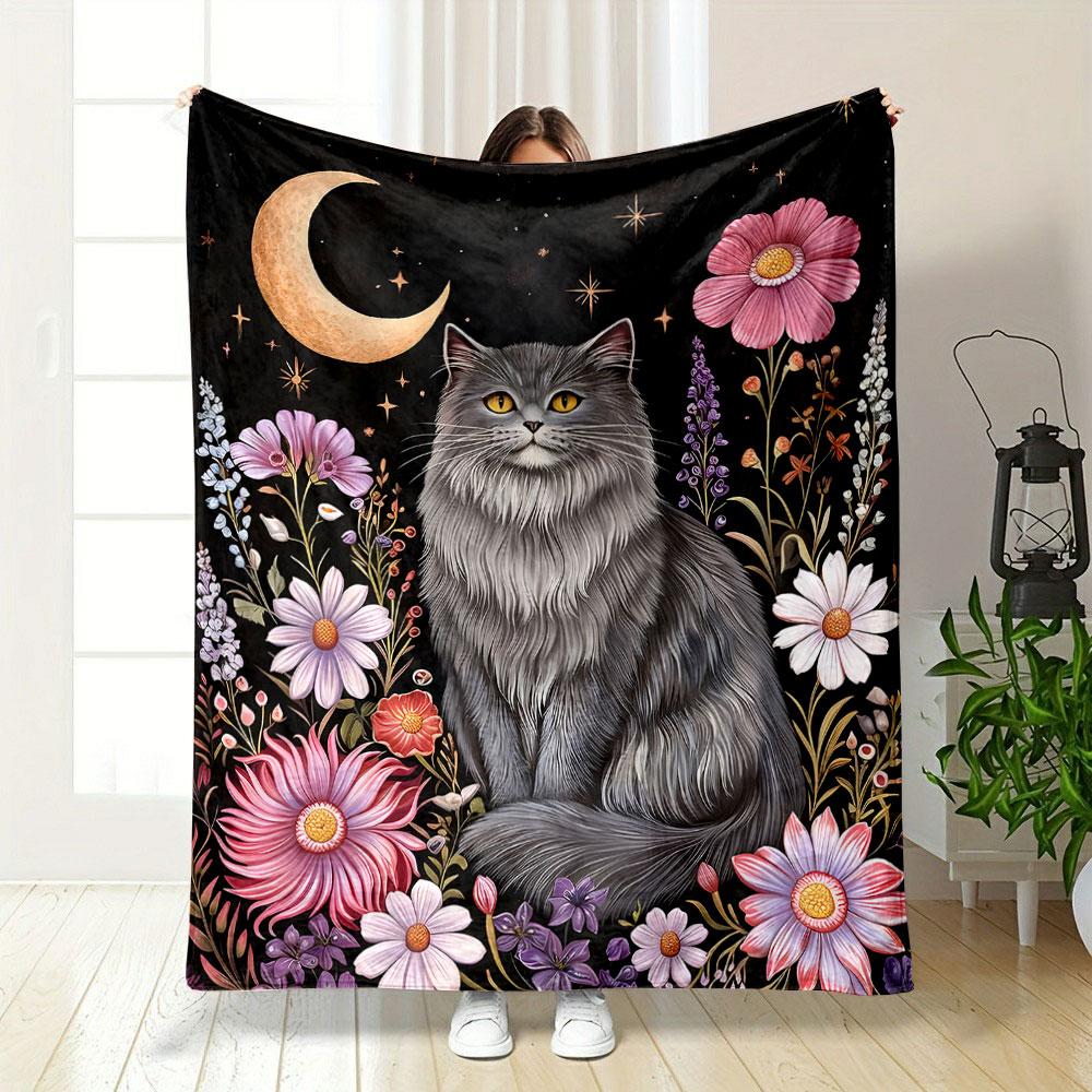 Moonlit Cat in Floral Garden Patterned blanket, flannel, suitable for all seasons, home decor, warm and cozy