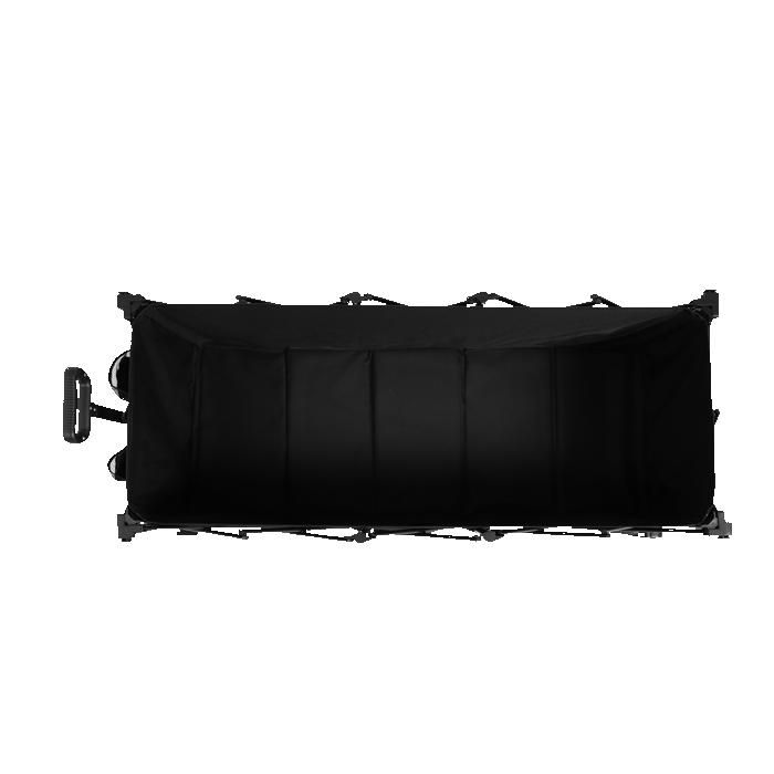 Chariot de jardin pliable, équipé de grands pneus tout-terrain adaptés aux surfaces sablonneuses et d'un porte-boissons. Noir.