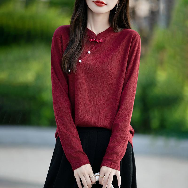 Новый трикотажный свитер с круглым вырезом для весны и осени, с длинными рукавами, жаккардовым узором, диагональной застежкой, свободного кроя в новом китайском стиле