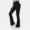 Women Flared Pants Elastic High Waist Wide Leg Casual Trousers with Flap Pockets Solid Color Cargo Pants Daily Wear