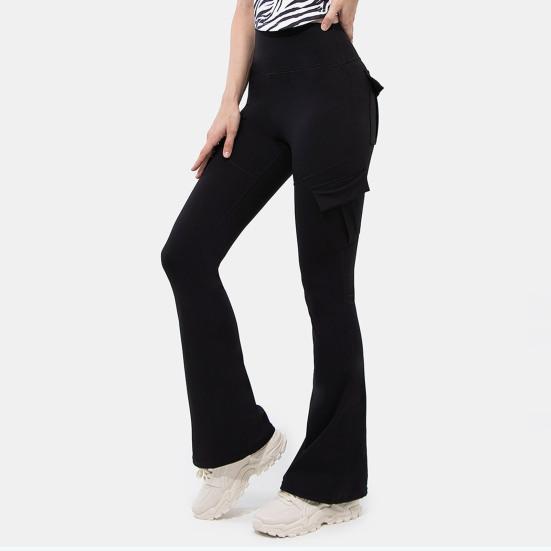 Women Flared Pants Elastic High Waist Wide Leg Casual Trousers with Flap Pockets Solid Color Cargo Pants Daily Wear