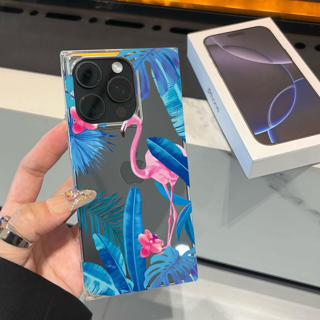 Clear Square Back Tube Case Protection For iPhone 11 15 Plus 14 Pro Max 13 16 ProMax 12 Anti-Oxygen,Blue Leaf Flamingo Pattern Casing