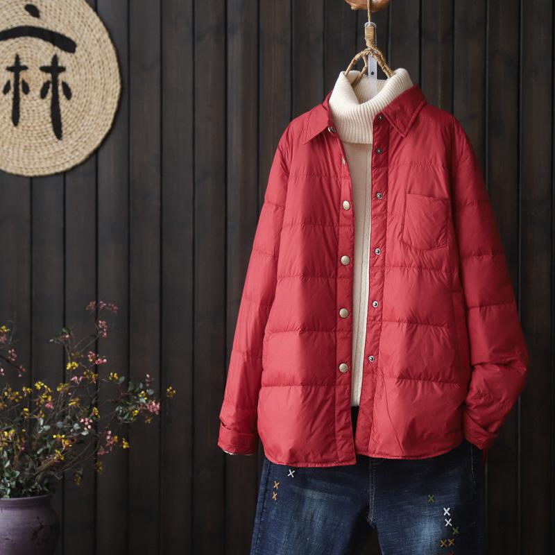 Литературный однотонный воротник рубашки легкий пуховик рубашка женская осень и зима 2024 новый белый утиный пух модный пуховик