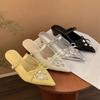 Beautiful Bow-tie Bag Head Half Slippers Women's Summer Wear Pointed Shoes Rhinestone Sandals Slope Heel Single Shoes
