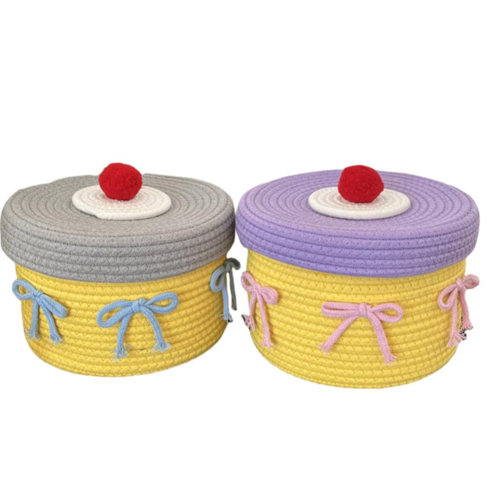 Cotton Rope Desktop Organizer Basket with Lid Handwoven for Storing Stationery and Cosmetics Bedroom Storage Solution