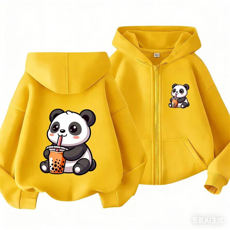 Boba Milk Tea Panda Front Back Cartoon Print Zip Up Hoodie For Kids Long Sleeve Lovely Animal Casual Daily Outerwear