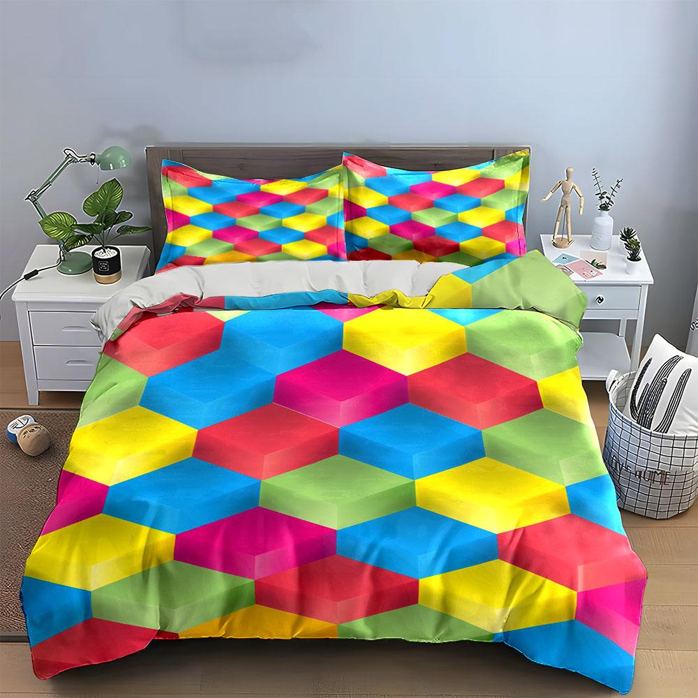 "Colorful Cube Pattern Decor Set" Bedding Set with 1 Duvet Cover 2 Pillowcases Single Double King Queen, Gift