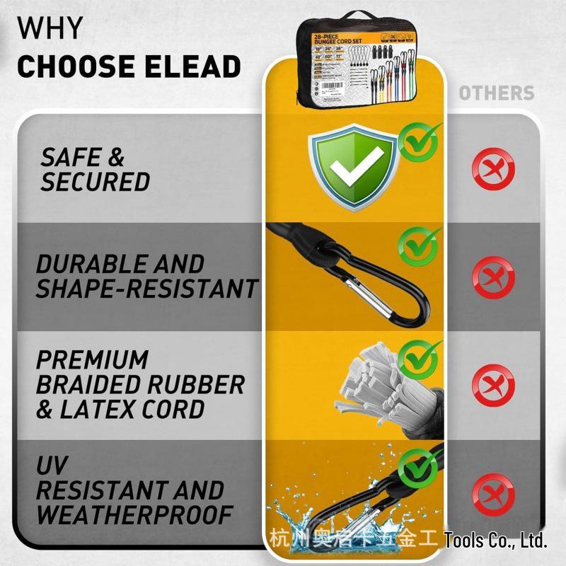 Набор из 28 предметов: карабины, эластичные шнуры с сумкой - высокопрочные безопасные стяжки