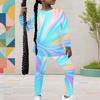 Girls Round Neck Long Sleeve Colorful Printed Top And Fitted Pants Two Piece Set