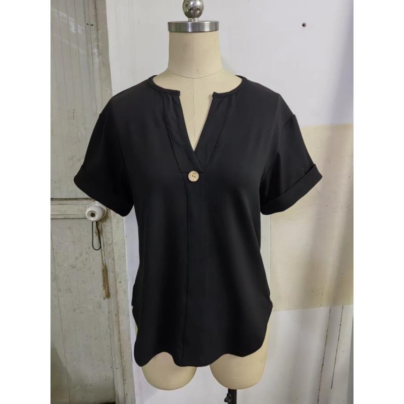 Womens Black V Notch Neck Short Sleeve T Shirt Casual Loose Fit With Single Button Decor
