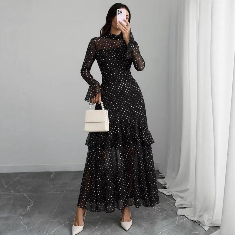Женское макси-платье bodycon с цветочным принтом, прозрачная сетка, высокий воротник-стойка, воланы, длинный рукав, высокая талия, ярусные оборки, с подкладкой