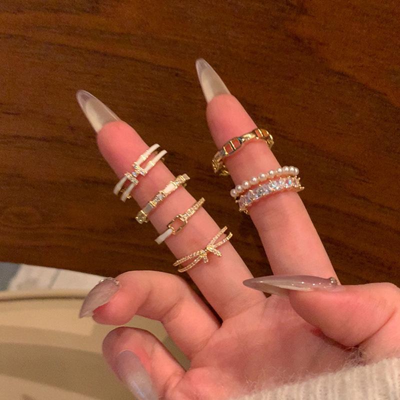 Light Luxury Double Row Pearl Zircon Open Ring Collection Women'S Niche Unique Fashion Temperament Versatile Ring Ring