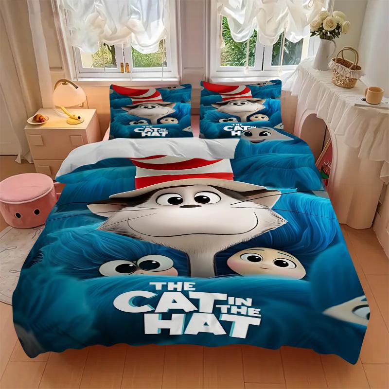 Cat Hat Print 3Pcs Bedding Set,Duvet Cover with 2 Bedro,Pillowcase Home Birthday Gift