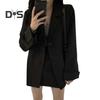 Женский костюм, пальто с лацканами, с длинным рукавом, однобортный пиджак, дизайн с карманами, однотонный, свободный крой, деловая верхняя одежда