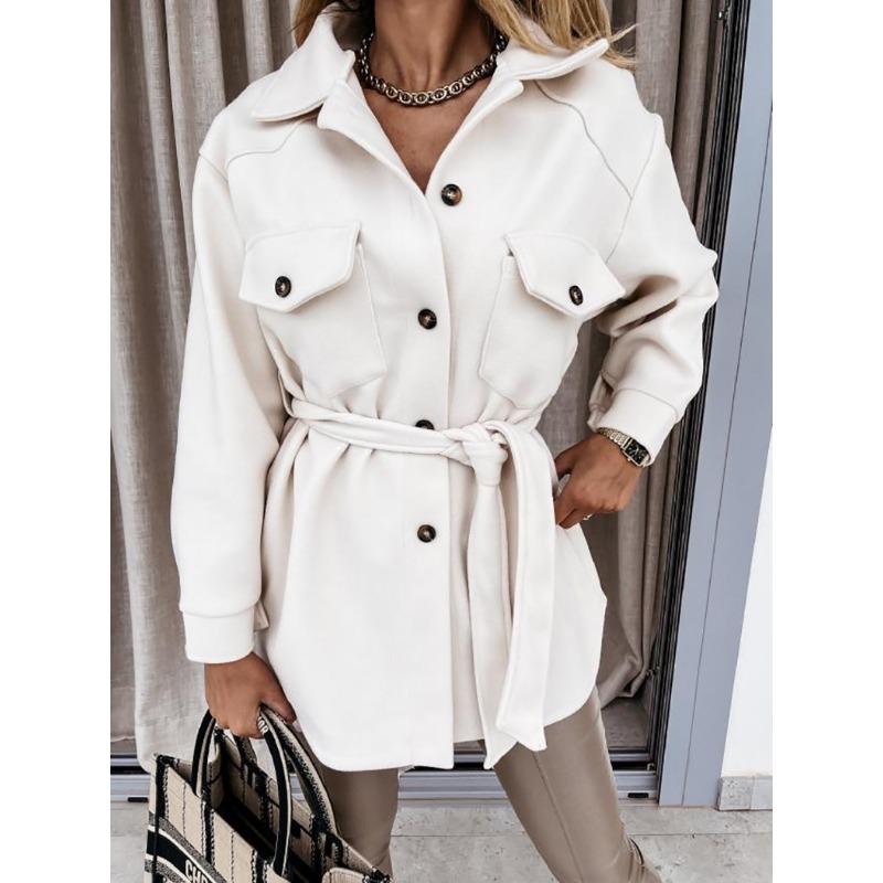 Women S Long Sleeve Solid Color Lapel Button Tie Woolen Coat