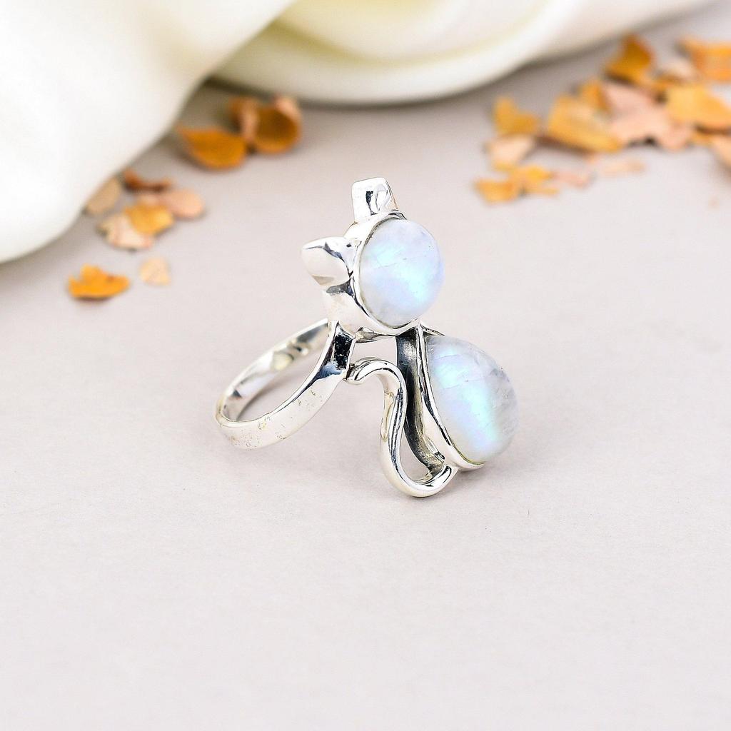 Кольцо с радужным лунным камнем из серебра 925 пробы для женщин