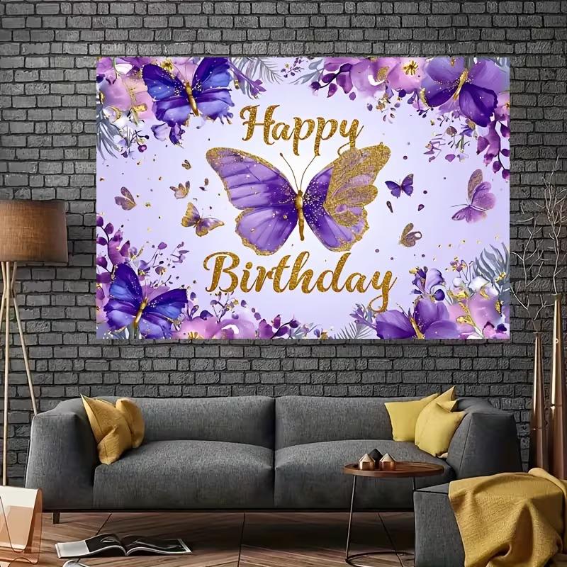 2D Purple Floral Butterfly Happy Birthday Backdrop Gold Accent Party Decoration Banner