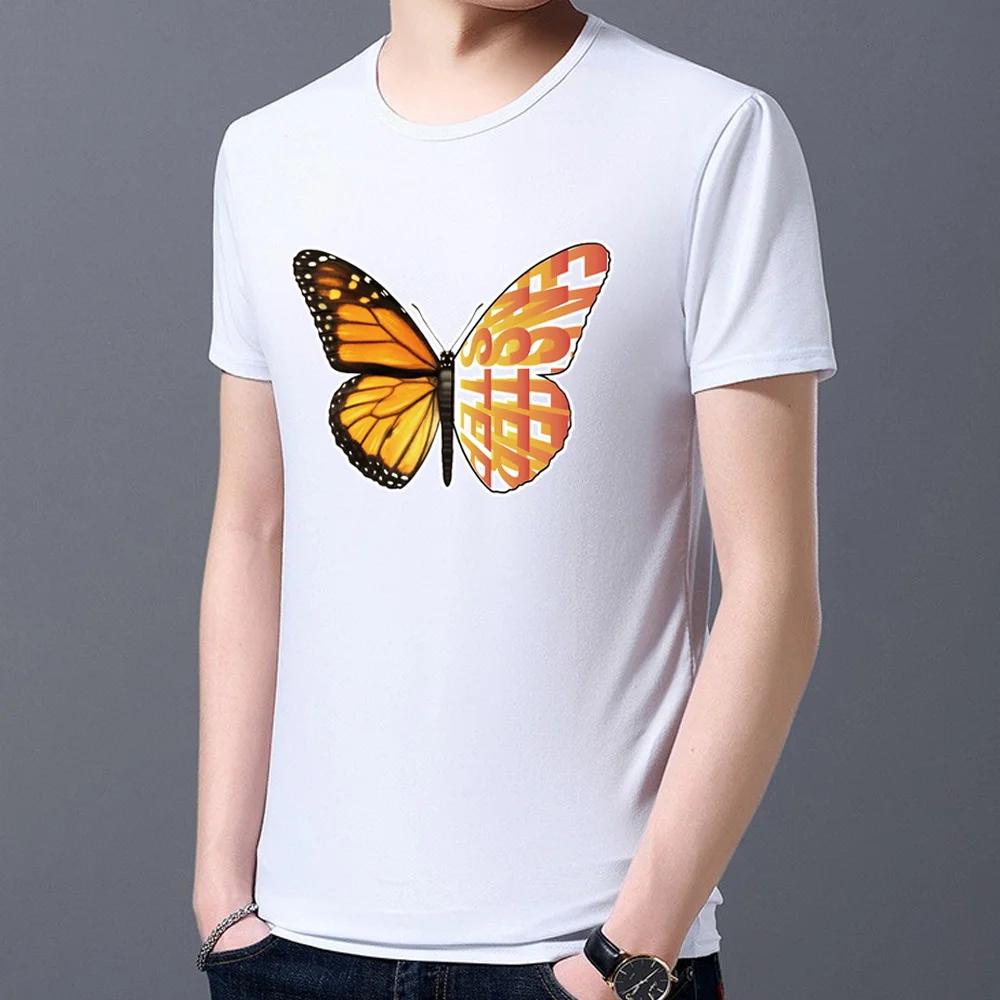Мужская футболка Классическая серия с принтом бабочек Модная повседневная простая с круглым вырезом для работы Удобный белый мужской топ