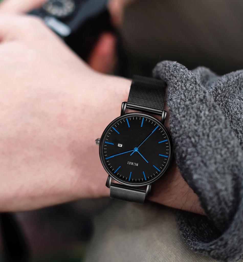 Простые стильные брендовые популярные ультратонкие легкие аналоговые часы деловые водонепроницаемые кварцевые наручные часы черные черные 2 [BUREI] мужские мужские -