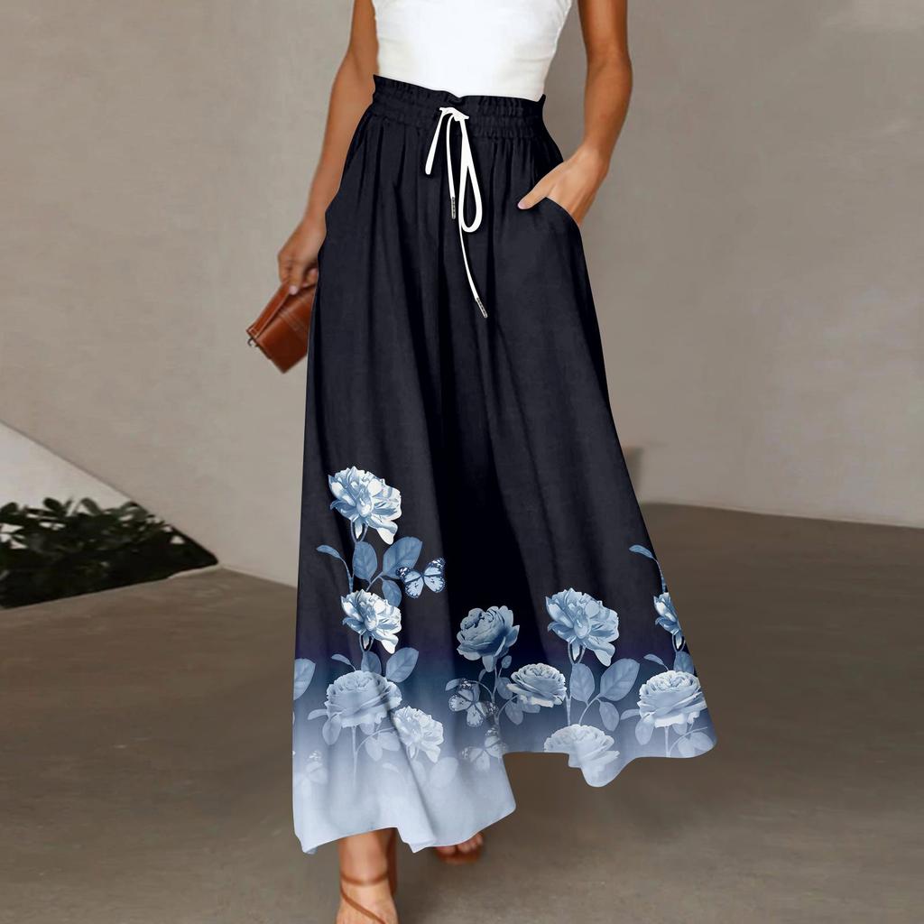Женские брюки в стиле бохо с эластичным принтом и высокой талией, повседневные широкие брюки, длинные брюки с карманом