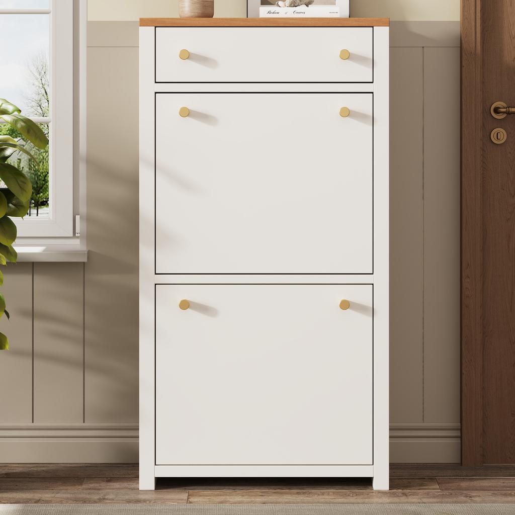 Modern Shoe Cabinet with Drawer, 2 Flaps, Adjustable Shelves and Metal Handles, White/Wood Look, for Hallway & Entryway, 50 x 24 x 95 cm