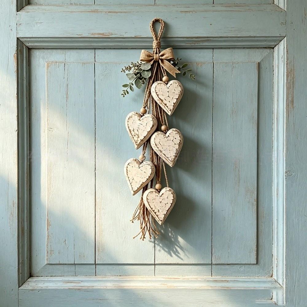 Jute Rope Wooden Heart Wall Hanging Boho Style Vertical Art Ornament  Door Hanging