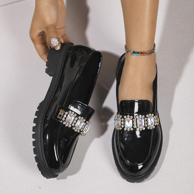 Fashion Luxury Crystal Patent Leather Loafers Women 2025 Autumn Sexy Thick Bottom Medium Heel Office Pumps Solid Black Dress Shoes Lady