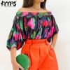 Women's Fashion Casual Summer Spring Colour Block Print Short Sleeve One Shoulder Blouses & Shirts