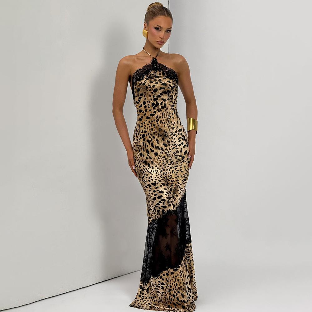 European and American women's clothing sexy temperament Spice girls wear leopard print splicing lace perspective neck halter fishtail dress in autumn
