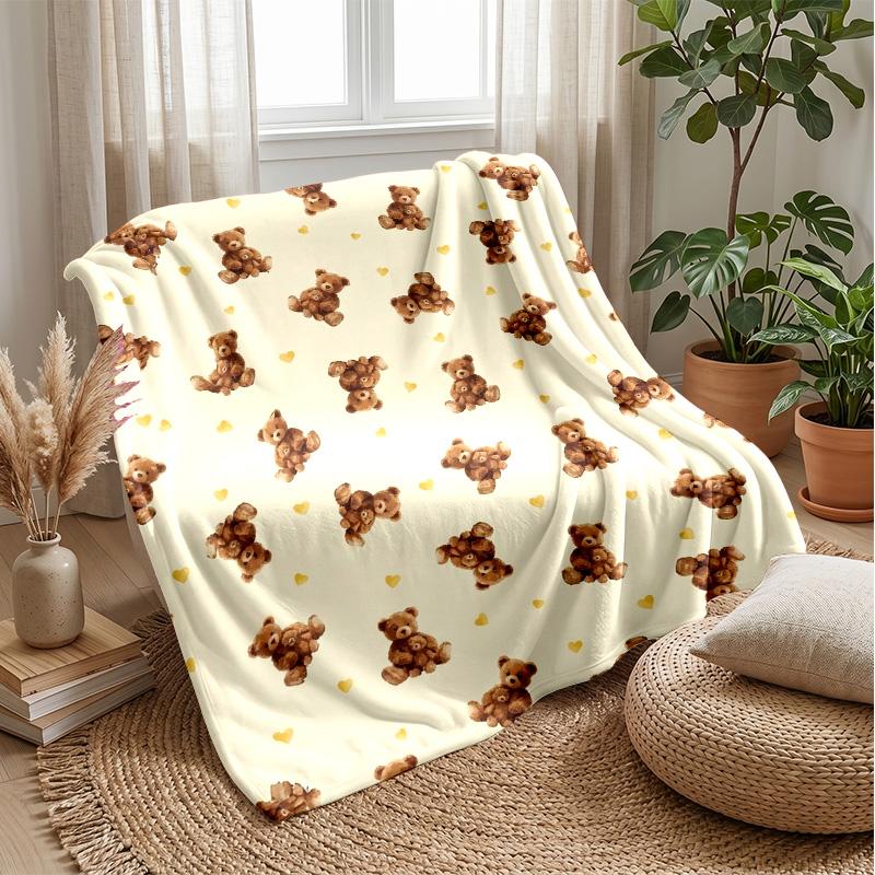 Teddy Bear Hearts Pattern Theme blanket Lightweight Warm Flannel Blanket Decorative Throw Blanket for Home Decoration