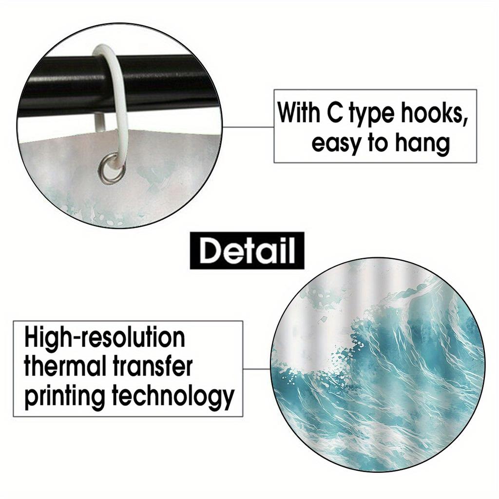 4pcs Luxury Abstract Ocean Wave Waterproof Shower Curtain Set Decorative Bathroom Set Non-Slip Carpet Toilet Cover Bath Mat And 12 Hooks