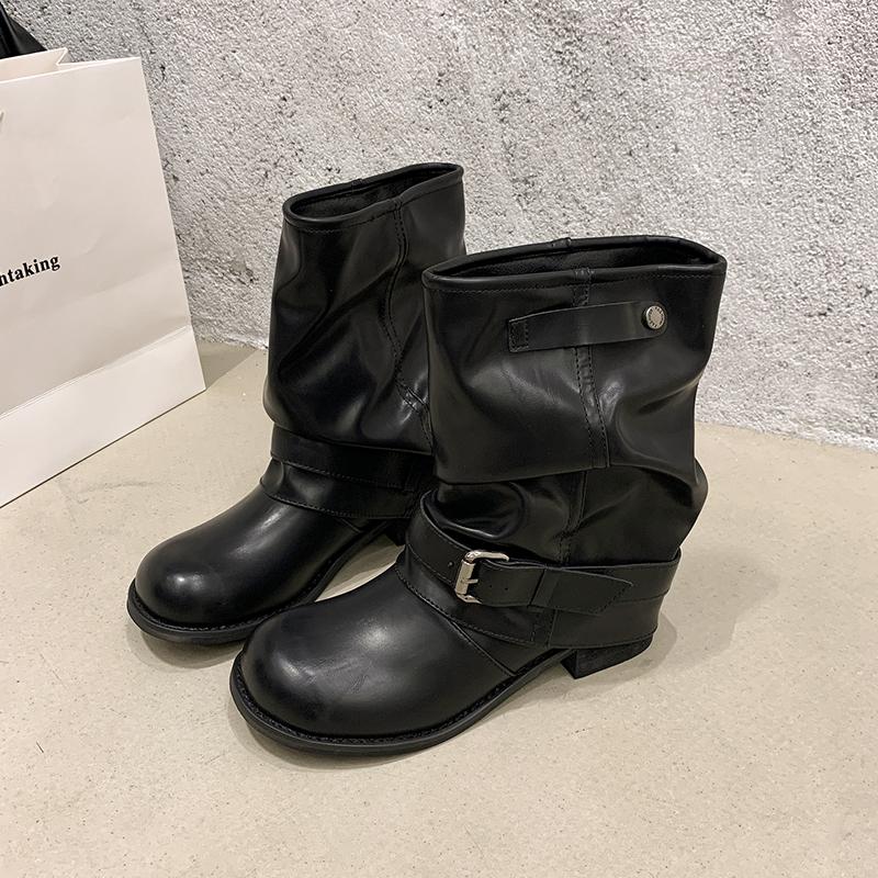 Осень Зима Толстый Каблук Женские Ботинки Вестерн Ковбойские Модные Пряжка на Ремне Слипоны Женские Винтажные Плиссированные Короткие Ботильоны