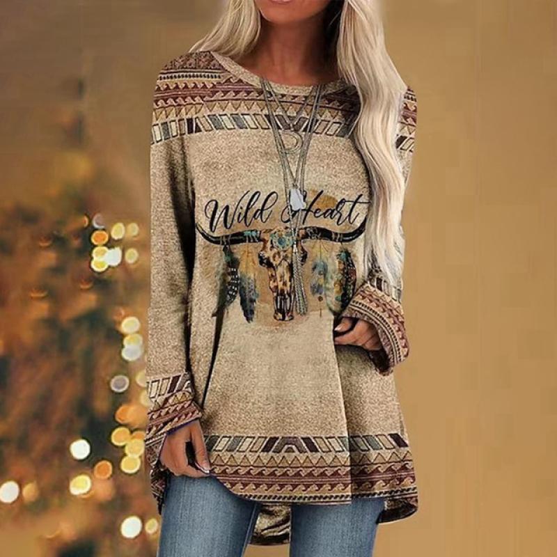 Этническая футболка с 3d принтом, женские модные футболки, повседневные топы с длинными рукавами, осенние свободные винтажные футболки с графическим принтом в стиле Харадзюку