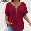 BITCED Весенне-летние однотонные женские топы больших размеров с коротким рукавом на молнии с ложными карманами, свободная футболка