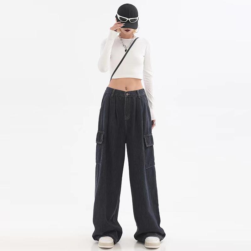 Осенние женские мешковатые черные джинсы в стиле Харадзюку, уличная одежда, повседневные широкие брюки в стиле хип-хоп, винтажные брюки Demin, свободные брюки Y2k