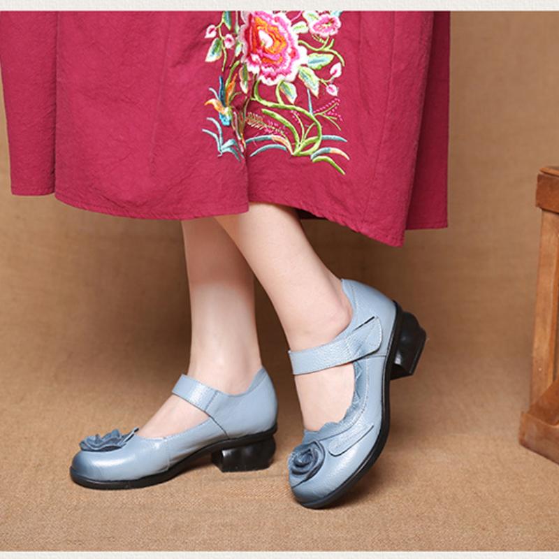 2023 Женские кожаные туфли ручной работы в стиле ретро на толстом каблуке с цветами Туфли-лодочки на высоком каблуке с круглым носком