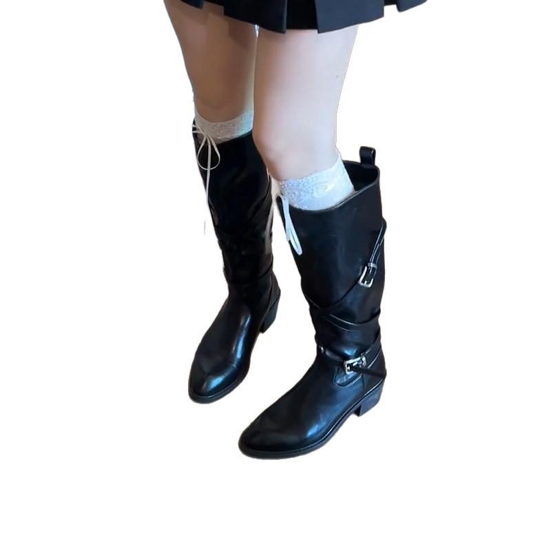 Версия из коровьей кожи~ женские ретро ботфорты на толстом каблуке, кожаные тонкие рыцарские сапоги с широким голенищем, перекрещенные, с острым носком, до колена, сапоги-локомотивы