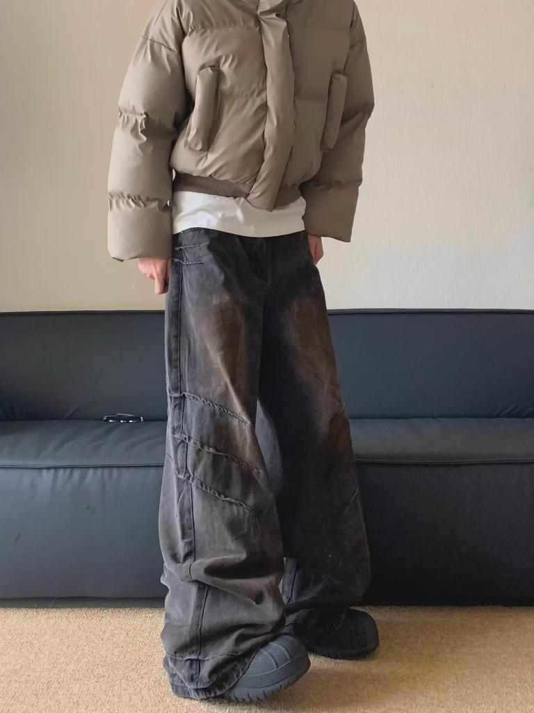 Унисекс американские ретро-рваные джинсы Heavyweight Wasteland: Плиссированные, прямые, модные свободные брюки в стиле хип-хоп с широкими штанинами