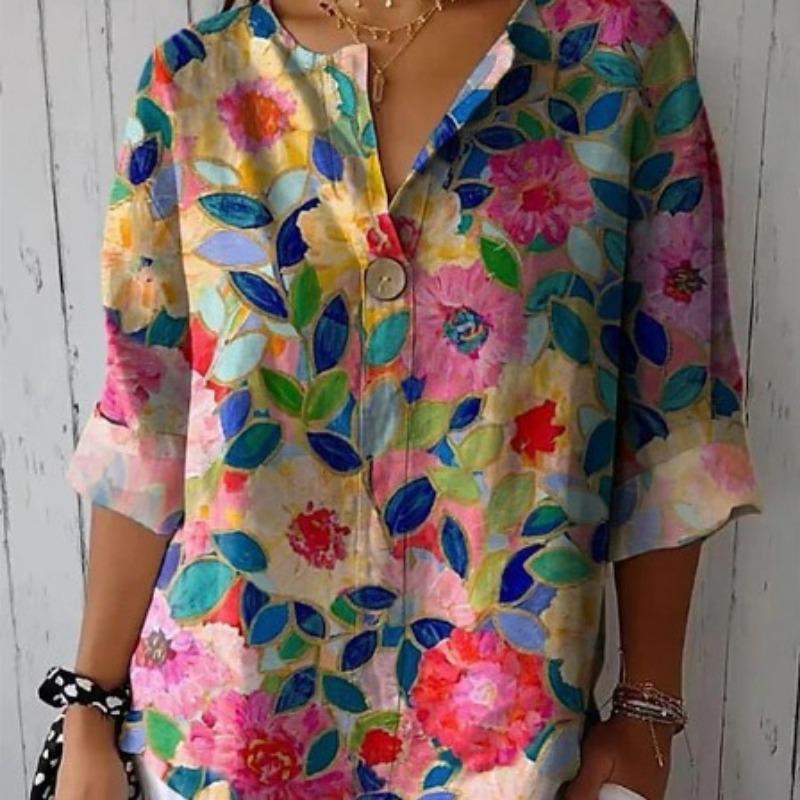Spring Autumn Button Blouse V-neck Casual Printed Top Shirt for Women