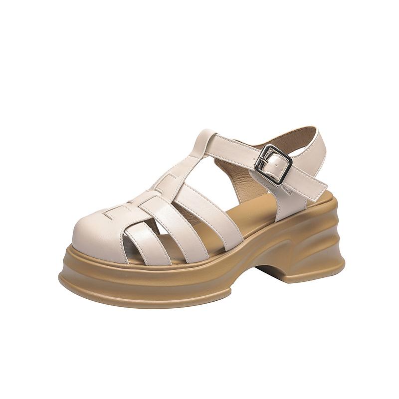Fashion Baotou Roman Sandals Women's 2025 New Summer Sponge Cake Womens Shoes Thick Heels Retro Hollow Weaving Pig Cage Shoes Sandals