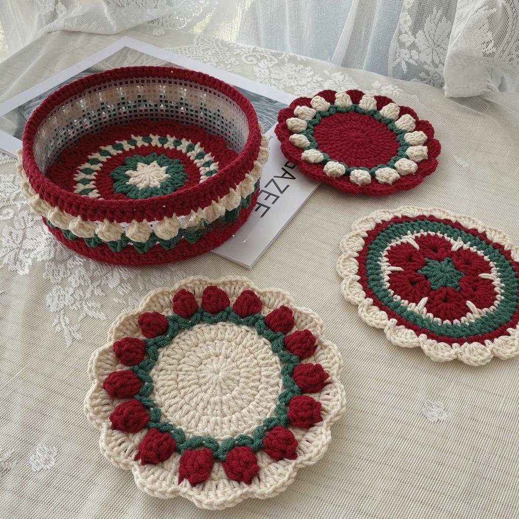 1 шт. Вязаная подставка красная ручной работы, высокотемпературная и противоскользящая, коврик для чашки, впитывающая подкладка, защита стола, кухонный декор для посуды