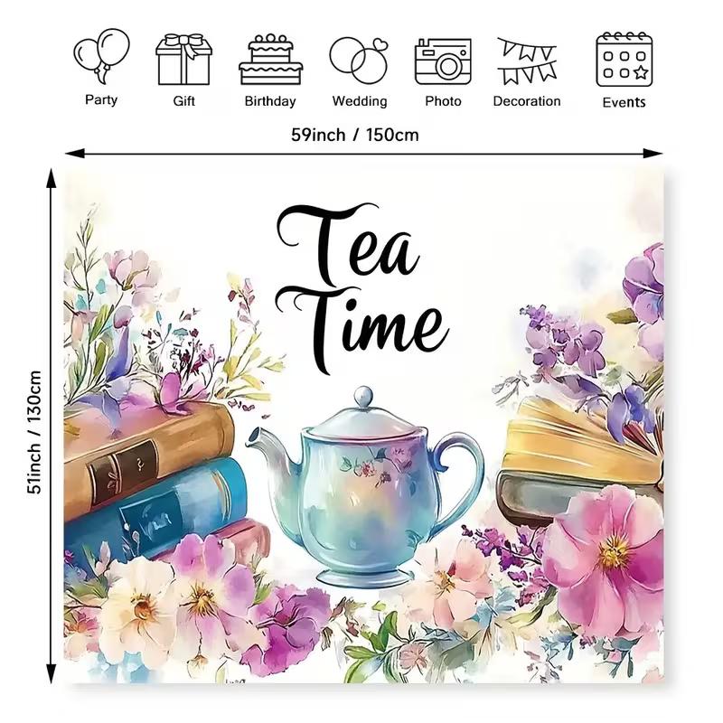 2D Vintage Tea Party Tapestry Floral Teapot and Stacked Books Background Cloth