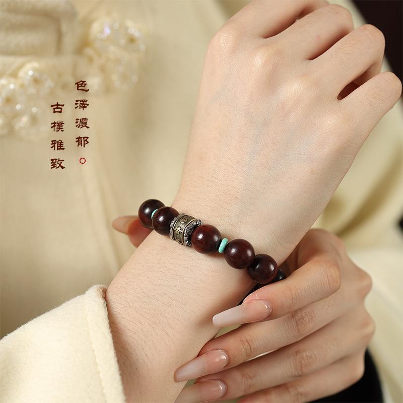 Small-leaf rosewood bracelet with Tibetan silver vajra and rotating beads, single-loop wooden bead bracelet