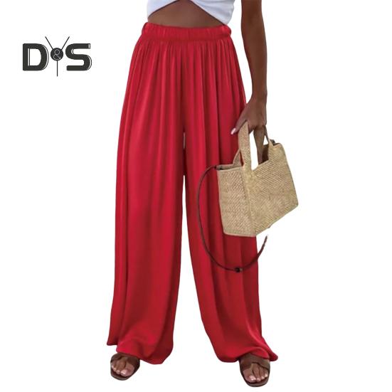 Women Pants Oversize Wide Leg Elastic Waist Casual Trousers Loose Fit Solid Color Thin Long Pants Daily Wear