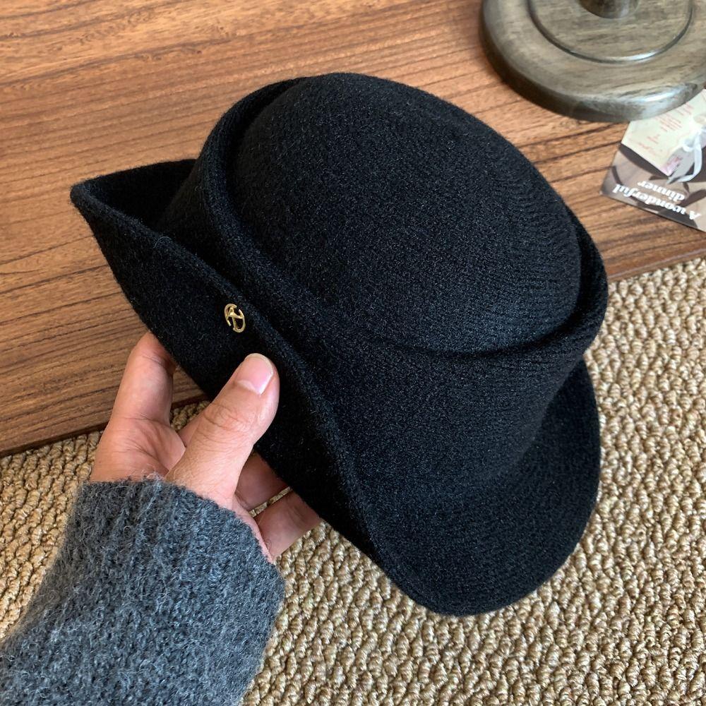 Elegant Hepburn Style Flat-top Cap Woolen Women Jazz Hat French Black Felt Hat  Wedding