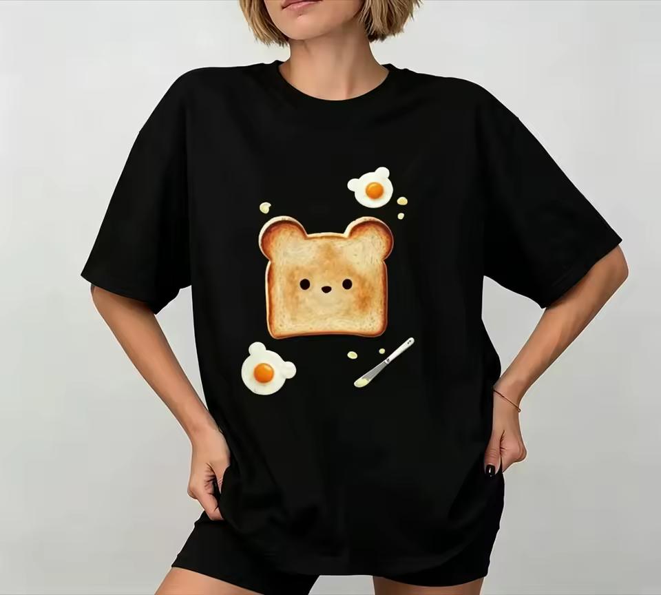 Korean Aesthetic Bear Toast Tee for Women Girl Cute Breakfast Themed Short Sleeve Casual Versatile Crew Neck Y2k Minimalist Top